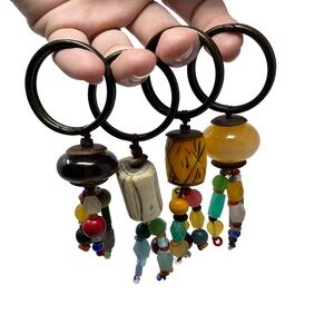 Pier 1 Hand Carved Beaded Napkin Rings Chunky Boho Set of 4 Glass and Wood